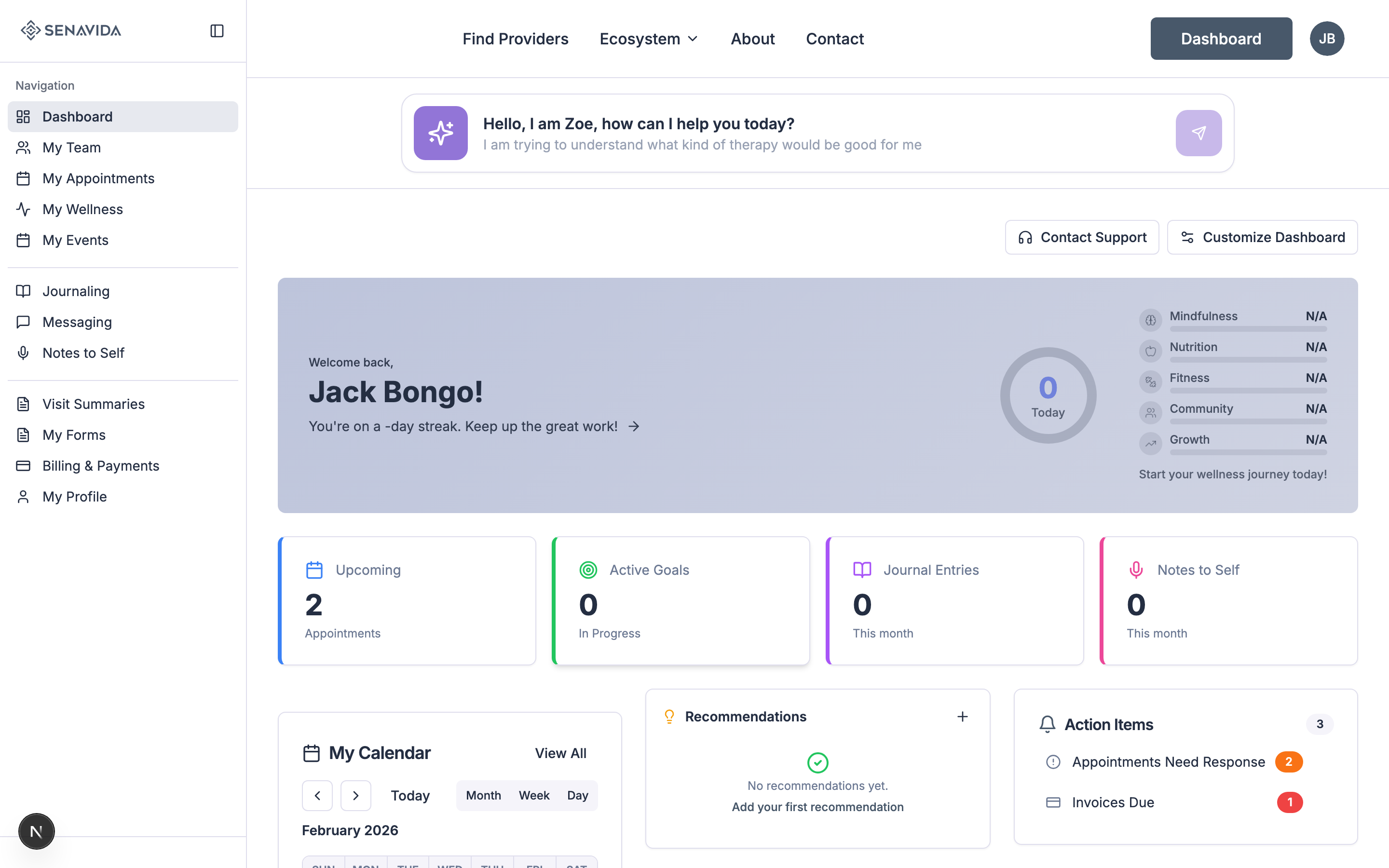 Senavida client dashboard showing wellness tracking, appointments, and goals
