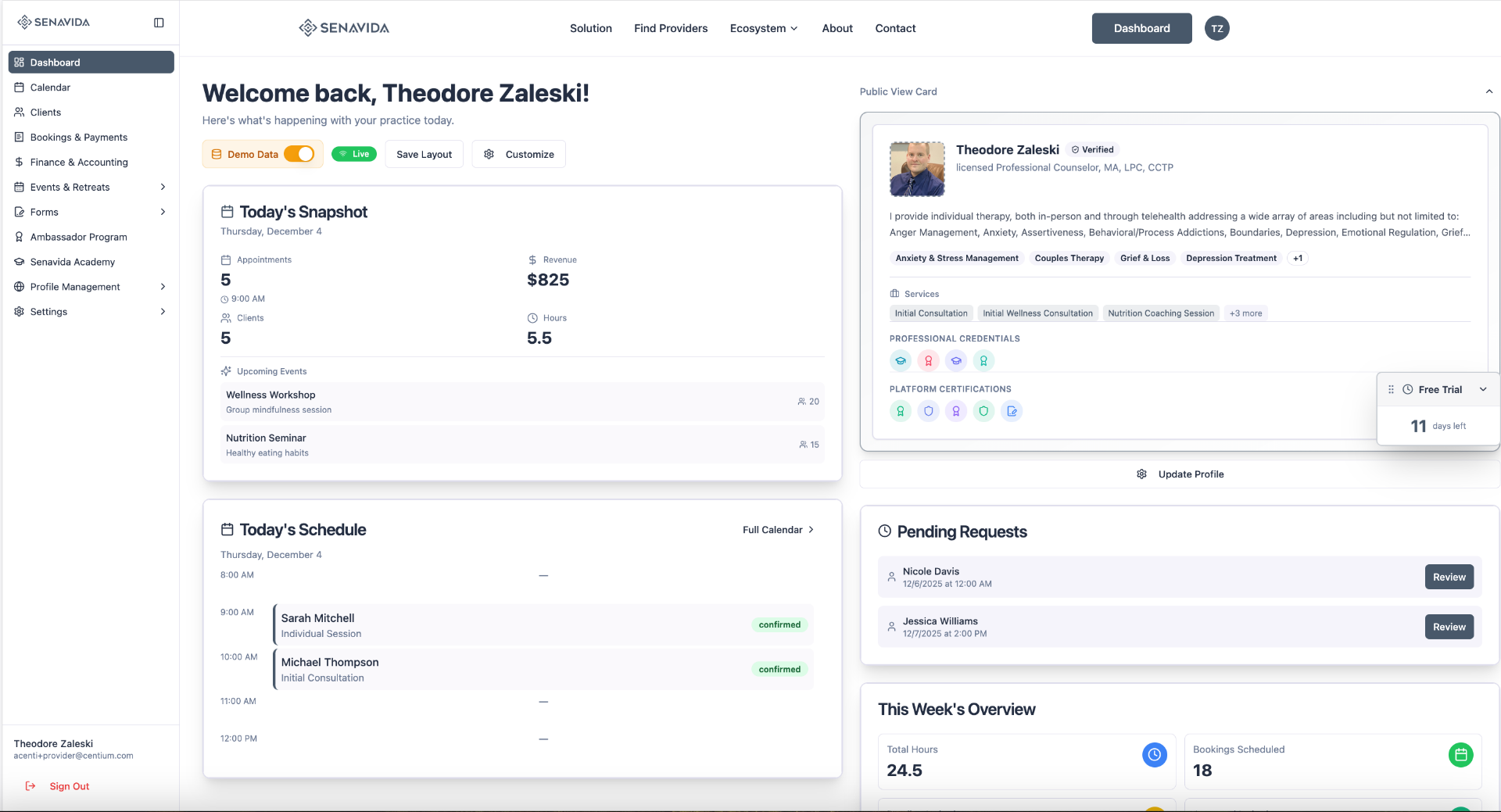 Senavida Provider Dashboard